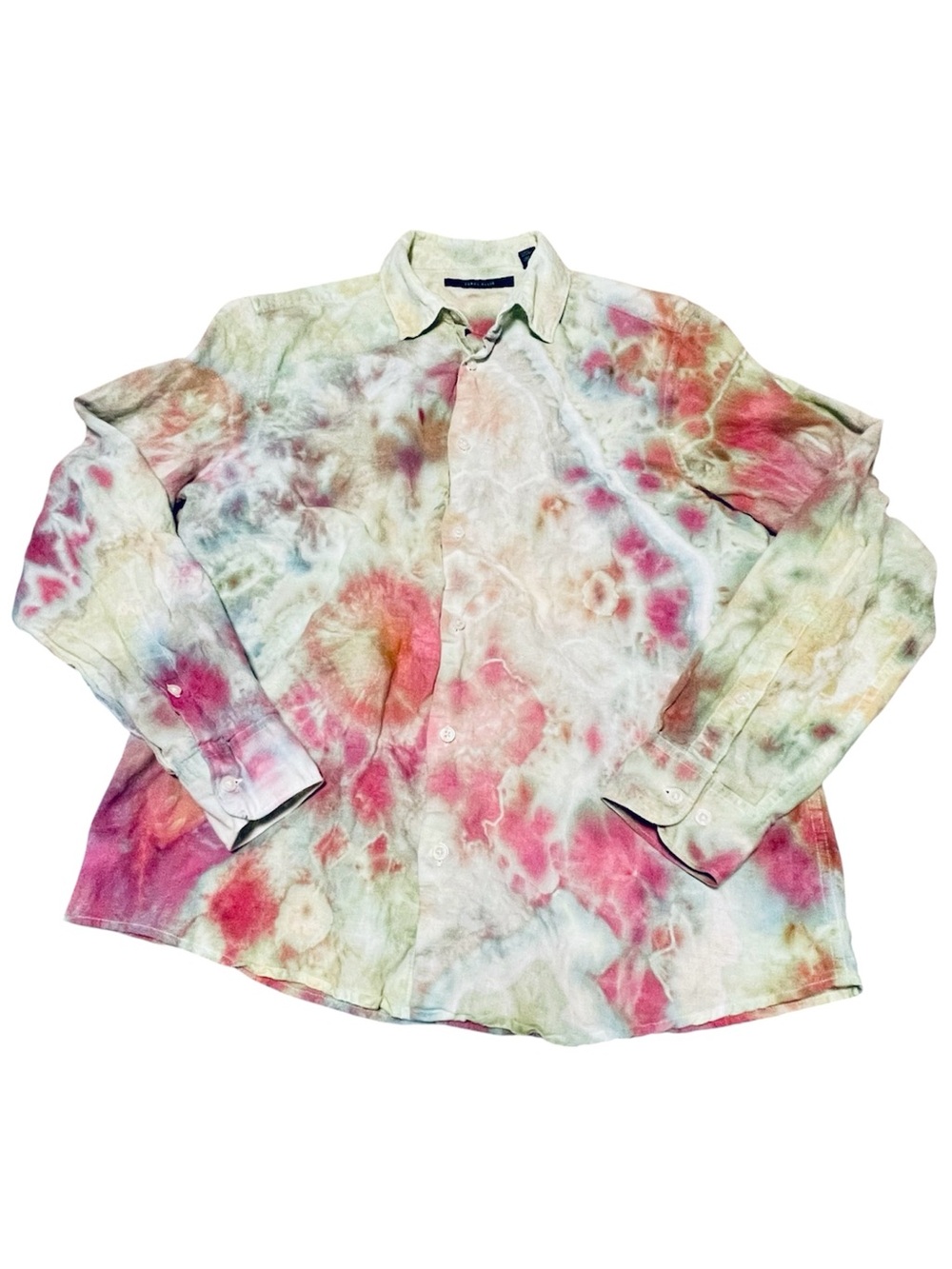 Perry Ellis Tie-Dye Long Sleeve Button-Down Shirt - Hippie Boho Pink, Green L